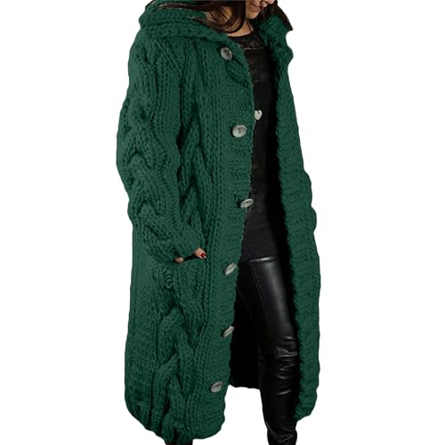 OULIWANGLUO Damen Warm Lange Strickjacke Strick Langarm Cardigan mit Knöpfen Casual Lockere Strickpullover für Winter (Grün,M) von OULIWANGLUO