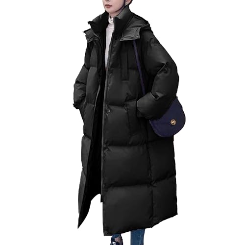 OULIWANGLUO Damen Warmer lang Daunenmantel Winddichter dick Wintermantel mit Kapuze Lockere Baumwolle pufferjacke (Schwarz,L) von OULIWANGLUO