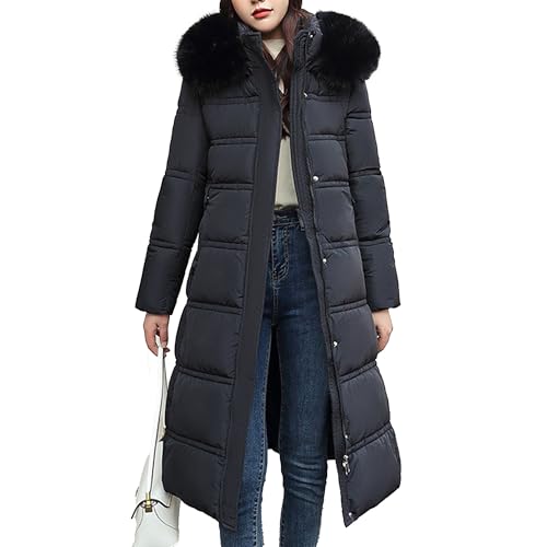 OULIWANGLUO Damen Wintermantel mit Fell Kragen Daunenmantel mit Kapuze Lange steppjacke mit Lässige Warm übergangsjacke Winterparka Winterjacke (Schwarz,M) von OULIWANGLUO