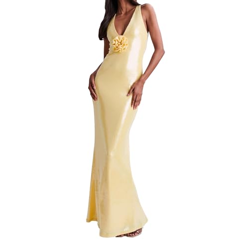 OULIWANGLUO Damen dreidimensionale Blumen Lange Abendkleid Pailletten Elegant Hochzeit Cocktailkleid Schlitz Partykleid Maxi Kleider (Hellgelb,L) von OULIWANGLUO