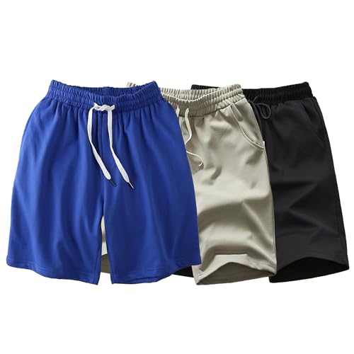 OULIWANGLUO Herren 3er Pack Shorts aus Leinenmaterial leichte luftige Sommershorts Tunnelzug lockere Kurze Freizeithose (Blau/Aprikose/Schwarz,5XL) von OULIWANGLUO