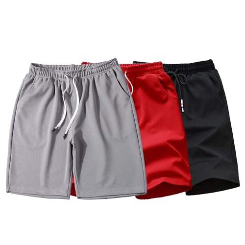 OULIWANGLUO Herren 3er Pack Shorts aus Leinenmaterial leichte luftige Sommershorts Tunnelzug lockere Kurze Freizeithose (Grau/Rot/Schwarz,5XL) von OULIWANGLUO