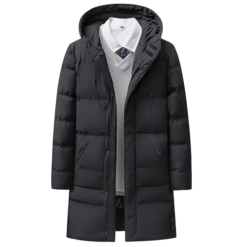 OULIWANGLUO Herren Lässige dick Wintermantel mit Kapuze Mid Lang Warm Daunenmantel Steppmantel Bequeme Daunenjacke (Schwarz,L) von OULIWANGLUO