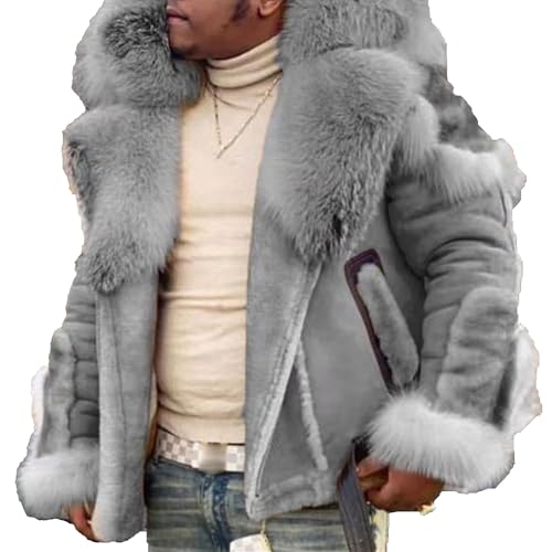 OULIWANGLUO Herren Mid Pelz-Kragen Fellmantel Kunstfell Plüsch Winterjacke Faux Pelz Jacke Cardigan Felljacke Wintermante (Grau,L) von OULIWANGLUO