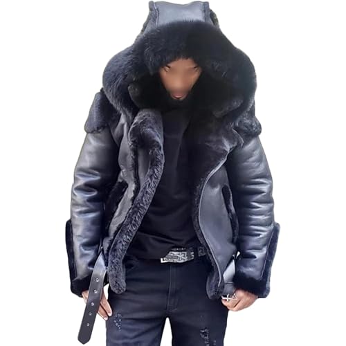OULIWANGLUO Herren Mid Pelz-Kragen Fellmantel Kunstfell Plüsch Winterjacke Faux Pelz Jacke Cardigan Felljacke Wintermante (Schwarz2,S) von OULIWANGLUO