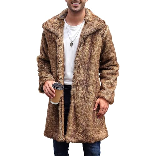 OULIWANGLUO Herren Pelzmantel Winterjacke Lang Kunstpelz Mantel Reverskragen Plüsch Strickjacke Warme Felljacke Pelz Jacke (Braun4,S) von OULIWANGLUO