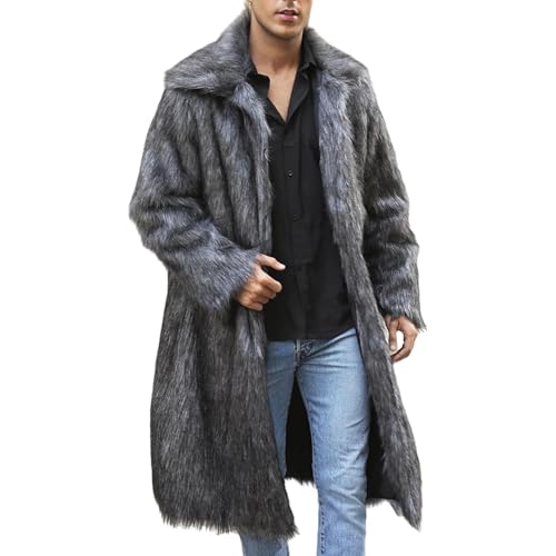 OULIWANGLUO Herren Pelzmantel Winterjacke Lang Kunstpelz Mantel Reverskragen Plüsch Strickjacke Warme Felljacke Pelz Jacke (Grau2,4XL) von OULIWANGLUO