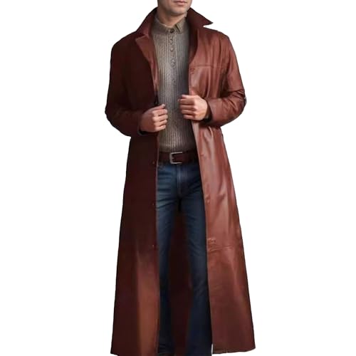 OULIWANGLUO Ledermantel Herren Lang Leder Trenchcoat Slim Fit Revers Lederjacke Einfarbig Long Leather Jacket Windbreaker (Dark Braun,M) von OULIWANGLUO