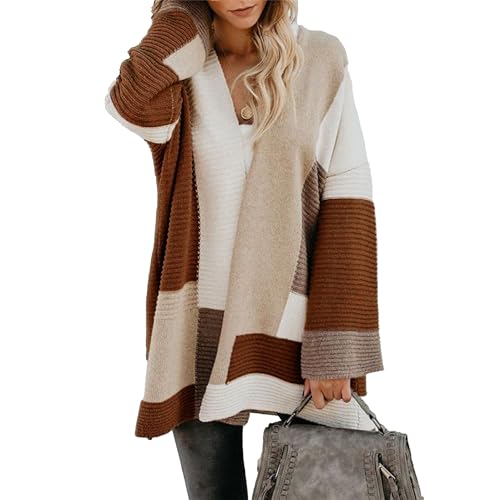 OULIWANGLUO Strickjacke Damen Leichte Strickmantel Farbblocking Langarm Cardigan Casual Lockere Strickpullover für Herbst (Braun,XXL) von OULIWANGLUO