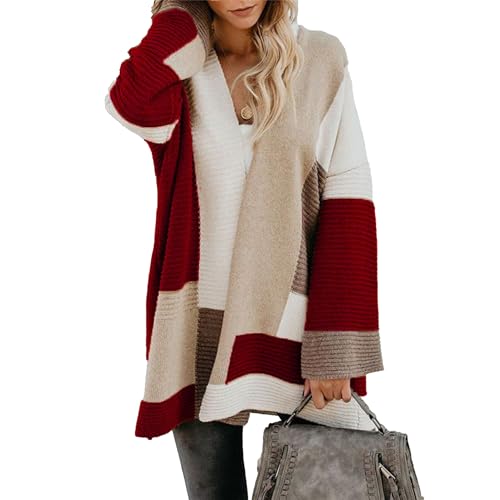 OULIWANGLUO Strickjacke Damen Leichte Strickmantel Farbblocking Langarm Cardigan Casual Lockere Strickpullover für Herbst (Dunkelrot,L) von OULIWANGLUO