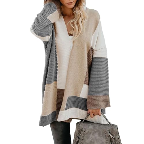 OULIWANGLUO Strickjacke Damen Leichte Strickmantel Farbblocking Langarm Cardigan Casual Lockere Strickpullover für Herbst (Grau,XXL) von OULIWANGLUO