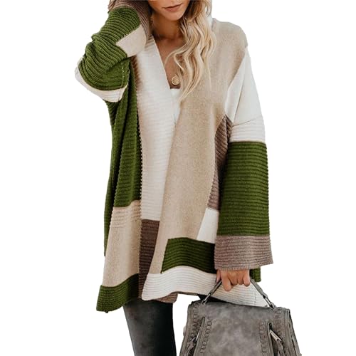 OULIWANGLUO Strickjacke Damen Leichte Strickmantel Farbblocking Langarm Cardigan Casual Lockere Strickpullover für Herbst (Grün,M) von OULIWANGLUO