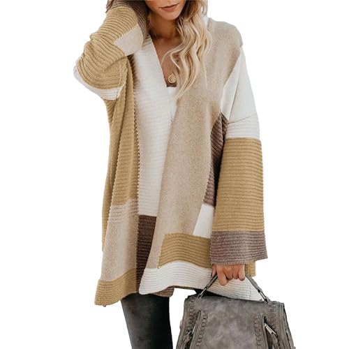 OULIWANGLUO Strickjacke Damen Leichte Strickmantel Farbblocking Langarm Cardigan Casual Lockere Strickpullover für Herbst (Khaki,XL) von OULIWANGLUO