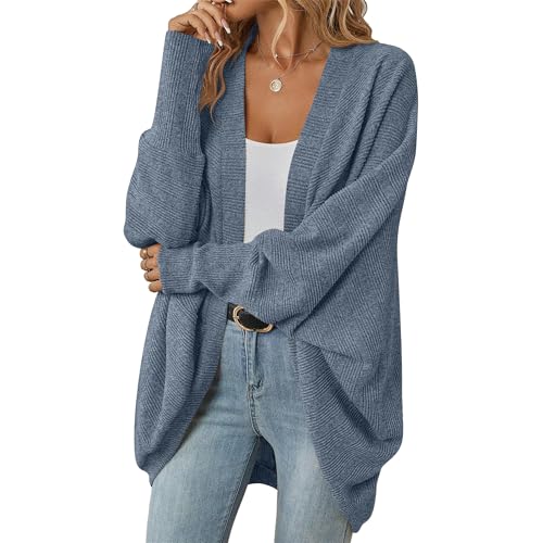OULIWANGLUO Strickjacke Damen Leichte Strickmantel Kurze Fledermausärmel Cardigan Casual Lockere Strickpullover für Herbst (Blau,XXL) von OULIWANGLUO