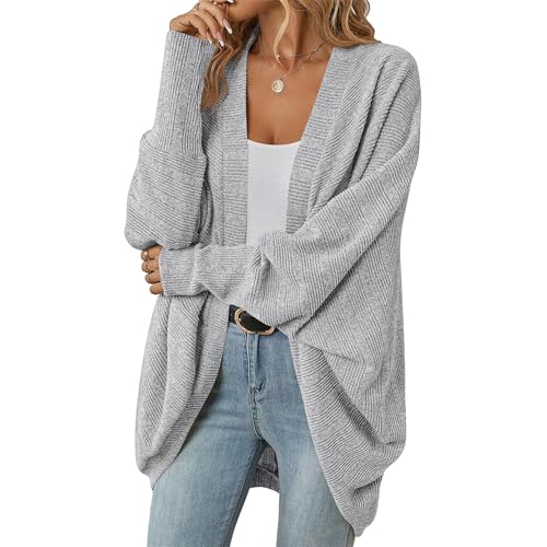 OULIWANGLUO Strickjacke Damen Leichte Strickmantel Kurze Fledermausärmel Cardigan Casual Lockere Strickpullover für Herbst (Grau,L) von OULIWANGLUO