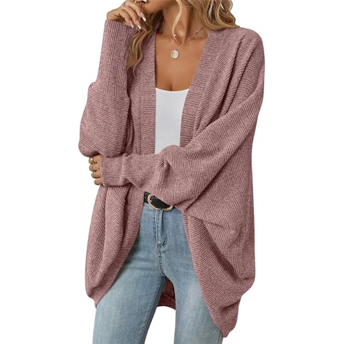 OULIWANGLUO Strickjacke Damen Leichte Strickmantel Kurze Fledermausärmel Cardigan Casual Lockere Strickpullover für Herbst (Rosa,M) von OULIWANGLUO