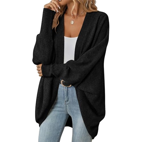 OULIWANGLUO Strickjacke Damen Leichte Strickmantel Kurze Fledermausärmel Cardigan Casual Lockere Strickpullover für Herbst (Schwarz,L) von OULIWANGLUO
