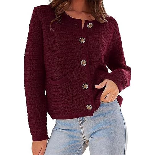OULIWANGLUO Strickjacke Damen Leichte Strickmantel Kurze Knöpfen Taschen Cardigan Casual Lockere Strickpullover für Herbst (Rotwein,S) von OULIWANGLUO