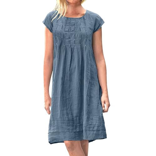 OULIWANGLUO Übergröße Kurzarmkleid für Damen Einfarbig U-Ausschnitt Midikleid Atmungsaktiv Sommerkleid Freizeitkleider Alltag (Blau,XL) von OULIWANGLUO
