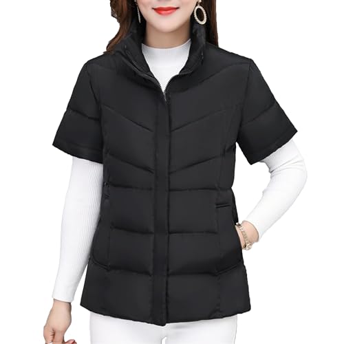 OULIWANGLUO Westen Damen Kurze Ärmel Dicker übergangsjacke Warm Slim steppjacke Stehkragen Lässige Daunenjacke Wintermantel Winterparka (Schwarz,6XL) von OULIWANGLUO