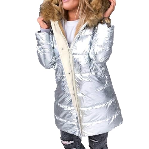 OULIWANGLUO Winterjacke Damen Glitzer Slim übergangsjacke Lange steppjacke mit Kunstfell Kapuze Lässige Warm Daunenmantel Wintermantel Winter Langarm Parka Jacke Winddicht Outdoorjacke (Silber,S) von OULIWANGLUO