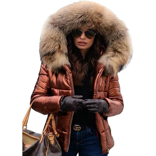 OULIWANGLUO Wintermantel Damen Kurze PU übergangsjacke Leicht Warm Slim steppjacke Winterparka mit Kapuze Lässige Daunenmantel Winterjacke Winter Langarm Parka Jacke Winddicht Outdoorjacke (Braun2,M) von OULIWANGLUO