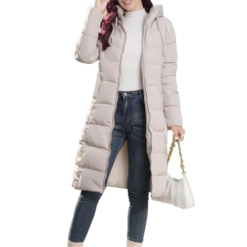 OULIWANGLUO Wintermantel Damen Lange Slim übergangsjacke Einfarbige steppjacke Winterparka mit Kapuze Lässige Warm Daunenmantel Winterjacke Winter Langarm Winddicht Outdoorjacke (Cremeweiß,M) von OULIWANGLUO