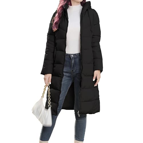 OULIWANGLUO Wintermantel Damen Lange Slim übergangsjacke Einfarbige steppjacke Winterparka mit Kapuze Lässige Warm Daunenmantel Winterjacke Winter Langarm Winddicht Outdoorjacke (Schwarz,S) von OULIWANGLUO