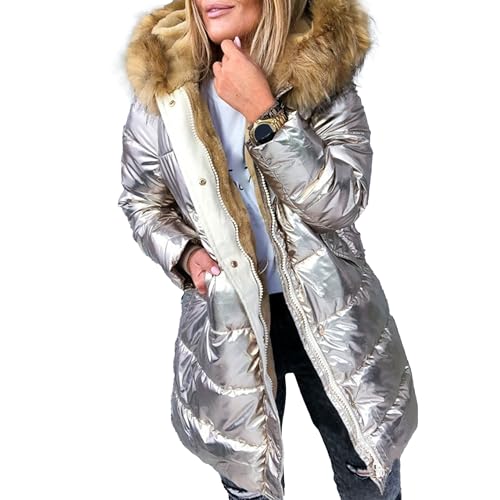 Wintermantel Damen Kurze PU übergangsjacke Leicht Warm Slim steppjacke Winterparka mit Kapuze Lässige Daunenmantel Winterjacke Winter Langarm Parka Jacke Winddicht Outdoorjacke (Champagner,XL) von OULIWANGLUO