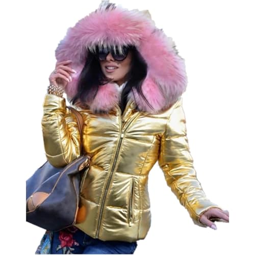 Wintermantel Damen Kurze PU übergangsjacke Leicht Warm Slim steppjacke Winterparka mit Kapuze Lässige Daunenmantel Winterjacke Winter Langarm Parka Jacke Winddicht Outdoorjacke (Goldene2,S) von OULIWANGLUO