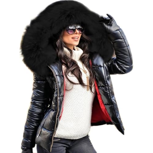 Wintermantel Damen Kurze PU übergangsjacke Leicht Warm Slim steppjacke Winterparka mit Kapuze Lässige Daunenmantel Winterjacke Winter Langarm Parka Jacke Winddicht Outdoorjacke (Schwarz2,S) von OULIWANGLUO