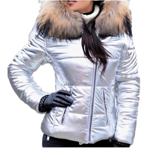 Wintermantel Damen Kurze PU übergangsjacke Leicht Warm Slim steppjacke Winterparka mit Kapuze Lässige Daunenmantel Winterjacke Winter Langarm Parka Jacke Winddicht Outdoorjacke (Silber2,L) von OULIWANGLUO