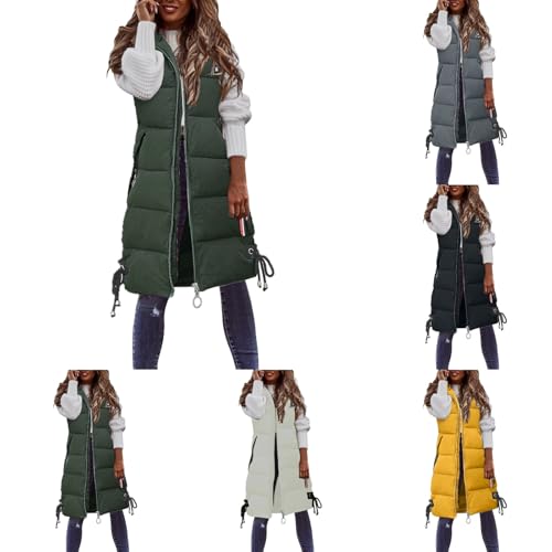 Lange Steppweste Damen Leichte Ärmellos Damenweste mit Kapuze Und Reißverschlüsse Warme Puffer Daunenweste Elegante Herbst Winter Übergangsweste Große Größen Winterjacke Ourdoor Gesteppt Weste von OUMSHBI