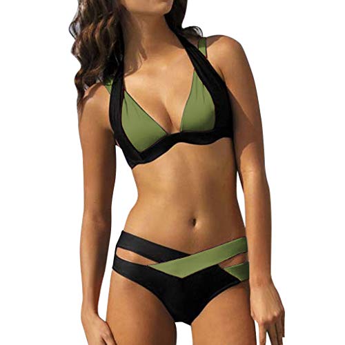 OUMSHBI Bikini Damen Set Unifarben Farbblockdruck Triangel Breites Unterbrustband BrüSte Push Up Halter Triangel Bikini Oberteil Bikinihose mit Niedriger Taille GüRtel Bademode Damen Bikini Curvy von OUMSHBI