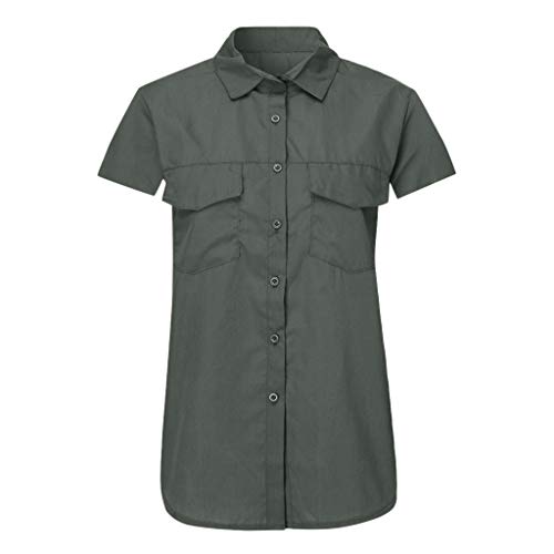 OUMSHBI Bluse Damen Kurzarm Einfarbig Revers Collar Oberteile Blusen Blusenshirt Damen mit Zwei Brusttaschen Atmungsaktiv LäSsige Tunika Hemdbluse mit Knopfleiste Trendy Unifarben Sommerbluse von OUMSHBI