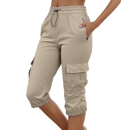 OUMSHBI Damen Cargohose 3/4 Multi-Pocket Elastische Taille - Atmungsaktiv Leicht Cargo Dreiviertel Hose für Sommer Freizeit Caprihose Musselin Hose Damen Elegant Arbeithose Kurze Capri Hosen von OUMSHBI