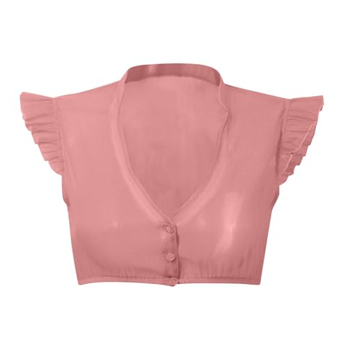 OUMSHBI Dirndl Bluse Damen Weiß Flügelärmel mit Stehkragen - Trachtenbluse Kurzarm für Oktoberfest Karneval Trachten Oberteil Traditionell Dirndlbluse Bayrische Tracht Blusen Damen Rosa,S von OUMSHBI