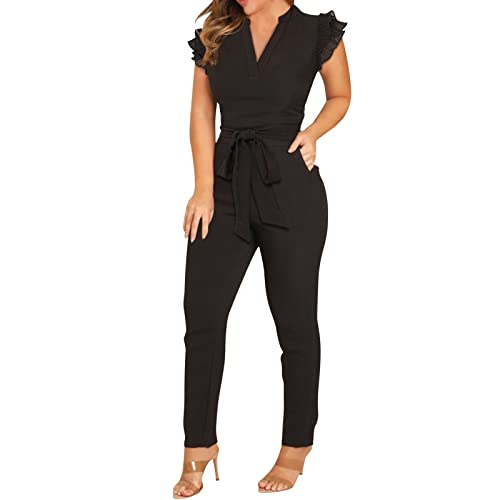 OUMSHBI Jumpsuit Damen Elegant Stehkragen V-Ausschnitt Rüschen Unifarben Ärmelloser Latzhosen mit Taschen und Gürtel Romper Lässig Lose Bequem Trägerhose Freizeit Einteiler Arbeitsoverall Damen von OUMSHBI