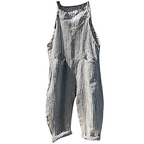 OUMSHBI Jumpsuit Damen Sommer Gestreift U-Ausschnitt Ärmelloser Latzhosen mit Taschen Lässig Lose Bequem Trägerhose Arbeitshose Sommer Lang Weites Bein Overall Jumpsuit Hosenanzug Schlafanzug von OUMSHBI