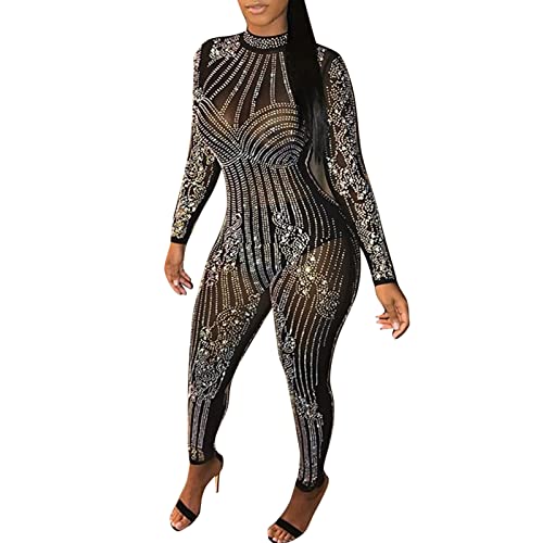 OUMSHBI Jumpsuit Elegant Damen Glänzend Bohrer Netz Durchsichtig Romper Langarm Skinny Einteiler O-Ausschnitt Stretch TräGerhose Playsuit Latzhosen Lässig Locker Jumpsuit Overall Arbeitsoverall Damen von OUMSHBI