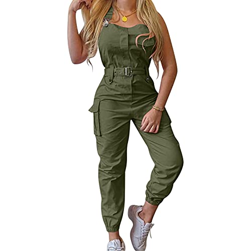 OUMSHBI Jumpsuit Elegant Damen U-Ausschnitt Unifarben Ärmelloser Latzhosen mit Taschen und Gürtel Locker Casual Playsuit Romper Gerade Hosen Freizeit Einteiler Overall Jumpsuit Schlafanzug von OUMSHBI