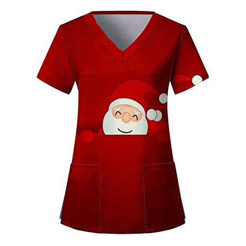 OUMSHBI Kasack Weihnachten Damen Altenpflege V-Ausschnitt Kurzärm Niedlich Weihnachtselch Motiv Medizinische Kleidung Mit Zwei Taschen Baggy Nurse Laborkittel Uniformen Schlupfkasack Pflege Baumwolle von OUMSHBI
