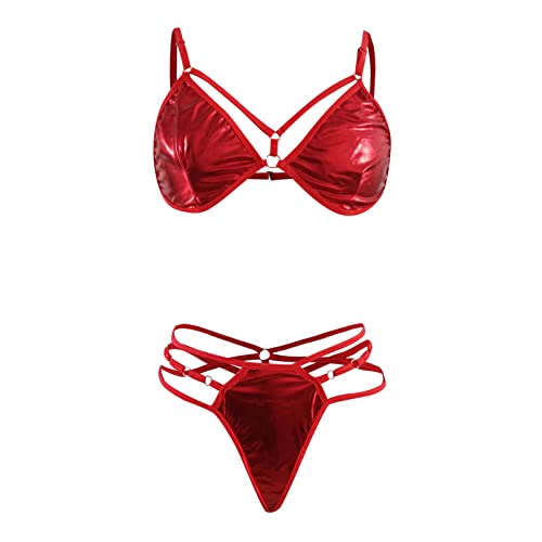 OUMSHBI Sexy Dessous Damen für Sex Zweiteiliger Dessous Sexy Lack und Leder UnterwäSche Set Frauen BH und Slip mit Taille GüRtel Dessous-Sets ReizwäSche Push Up Brustfreier Korsagen Dessous Sexy von OUMSHBI