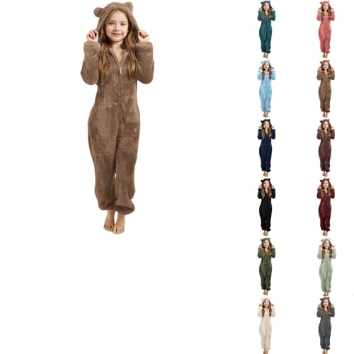 OUMSHBI Teddy Fleece Einteiler Overall Mädchen Langarm Fleece Onesie Kinder mit Bärenohren Kapuze Und Reißverschluss Warm Plüsch Schlafanzug Herbst Winter Pyjama Schlafoverall Hausanzug von OUMSHBI