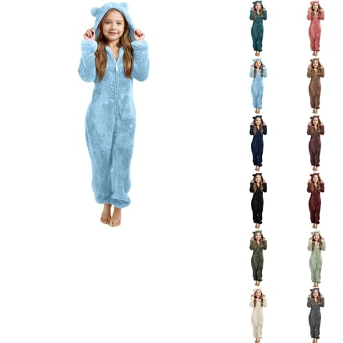 OUMSHBI Teddy Fleece Einteiler Overall Mädchen Langarm Fleece Onesie Kinder mit Bärenohren Kapuze Und Reißverschluss Warm Plüsch Schlafanzug Herbst Winter Pyjama Schlafoverall Hausanzug von OUMSHBI