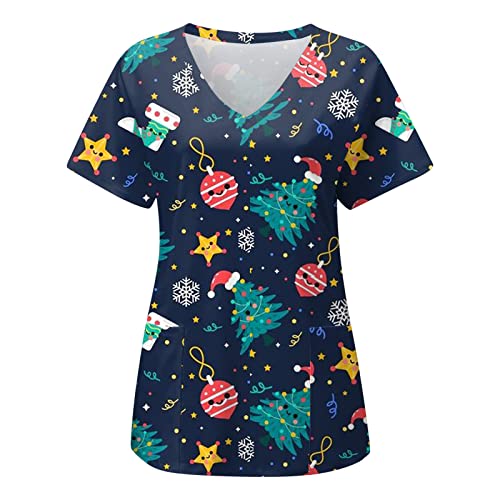 OUMSHBI Weihnachts Kasack Damen Pflege Kurzarm V-Neck Motiv Medizin Pflegebekleidung Mit Taschen Lässig Locker Weihnachtsoutfit Kostüm Arbeitskleidung Altenpflege Günstig von OUMSHBI