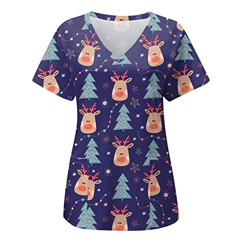 OUMSHBI Weihnachts Kasack Damen Pflege Kurzarm V-Neck Motiv Medizin Pflegebekleidung Mit Taschen Lässig Locker Weihnachtsoutfit Kostüm Arbeitskleidung Altenpflege Günstig von OUMSHBI