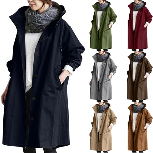 Regenjacke Damen Wasserdicht Windbreaker Gefüttert Regenmantel mit Kapuze Atmungsaktiv Leicht Trenchcoat Damen Übergangsjacke Lang Parka Jacke Softshelljacke Outdoor Funktionsjacke Outdoorjacke von OUMSHBI