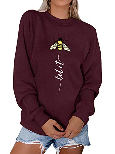 OUINAR Pullover Damen Let It Bee Briefdruck Top Langarm Biene Grafisch Bedruckte Pullis Sweatshirt Lässig Oberteile von OUNAR