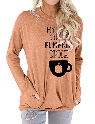 OUNAR Damen My Blood Type is Pumpkin Spice Brief Grafische Blouse Sweatshirts von OUNAR